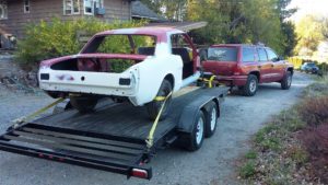 Mustang body on its way to be sprayed