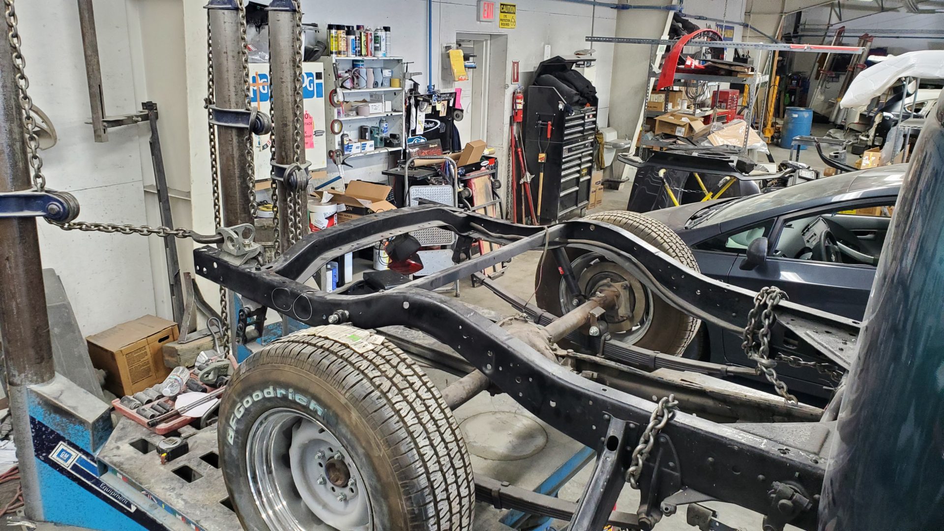 Chains and hydraulics are used to "persuade" the frame back into proper shape 