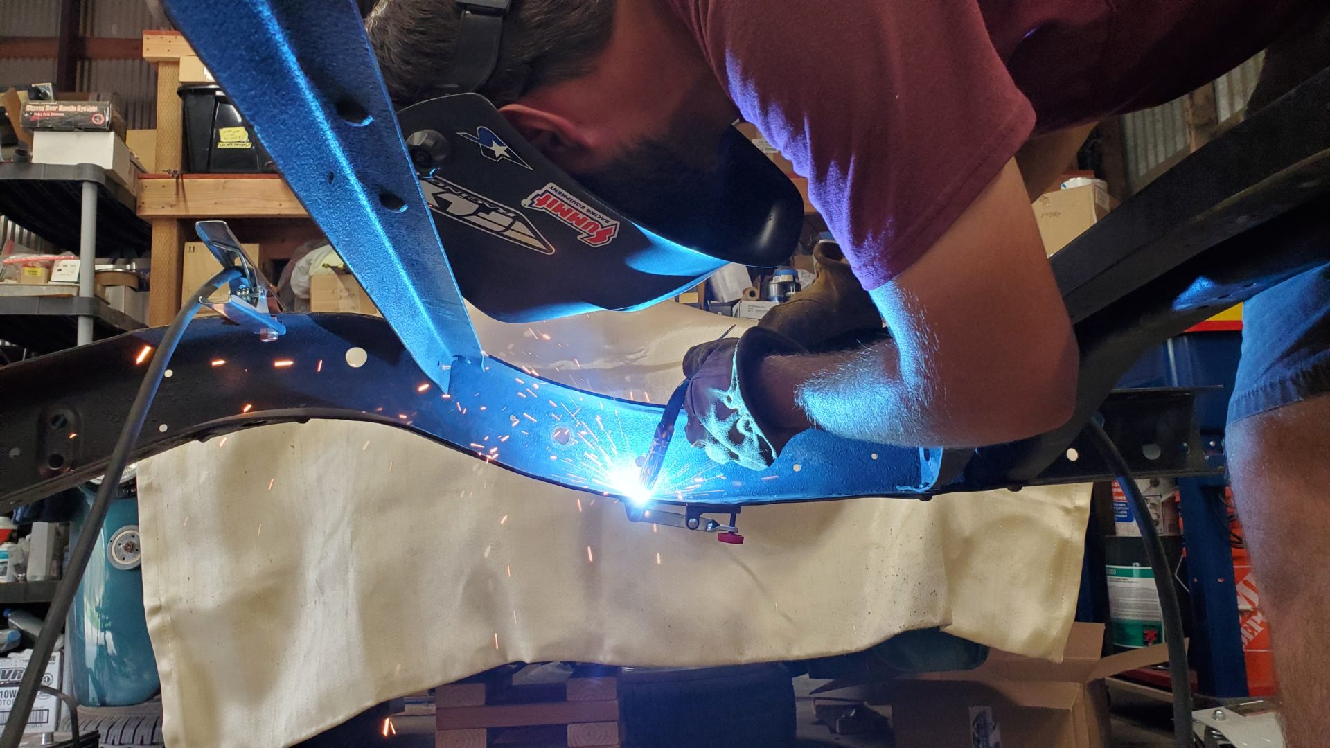 While we're at it, some holes where the fuel tank was bolted are welded up. Now that the frame is straight, these holes will need to be in a slightly different spot.