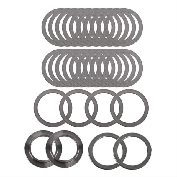 Thin steel shims of varying thickness are combined to set backlash and bearing preload.